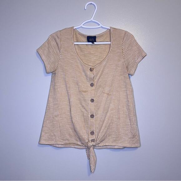 W5 Mustard Yellow Striped Buttons Tie Front Shirt Medium Short Sleeve Summer Top - Picture 1 of 6
